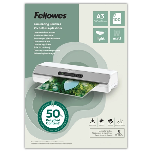 Laminovací fólie Fellowes A3 80 mic z recyklovaného materiálu (50%), matné