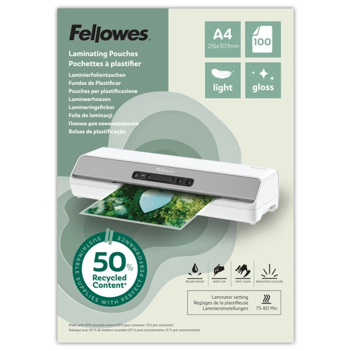 Laminovací fólie Fellowes A4 80 mic z recyklovaného materiálu (50%), lesklé