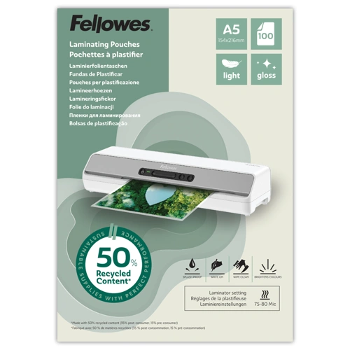 Laminovací fólie Fellowes A5 80 mic z recyklovaného materiálu (50%), lesklé